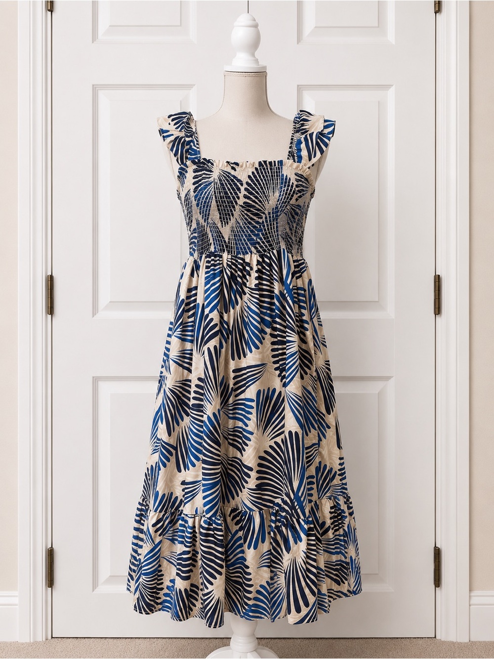 Blue Tropical Leaf Smocked Ruffle Strap Midi Maxi Dress Size L